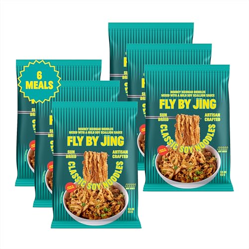 Image of FLYBYJING Classic Soy Noodles - Sun-Dried Asian Instant Noodles with Sichuan Soy Scallion Sauce - Ready in 6 Minutes - Premium Non-Fried Vegan Noodle, 12g Protein, Non-GMO (Pack of 6)