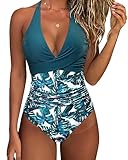 SUUKSESS Women Sexy Tummy Control One Piece Swimsuits Halter Push Up Monokini Bathing Suits (Blue Floral, M)