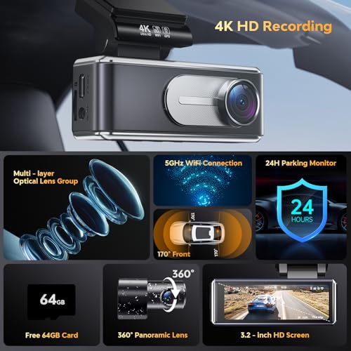 Image of Dash Cam Front and Rear - 4K HD Dual Dash Camera for Cars, Built-in 5G WiFi GPS, 64GB Card, Dashcam with 3.2 inch IPS Screen, UHD Night Vision, HDR, App Control, 24H Parking Monitor