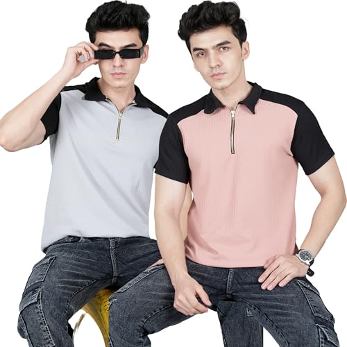 Image of London Hills Men's Premium Pure Polyester Zipper Polo Neck T-Shirt | Lightweight & Comfortable Half Sleeves T-Shirt | Polyester Blend | Regular & Comfort Fit (Pack of 2)