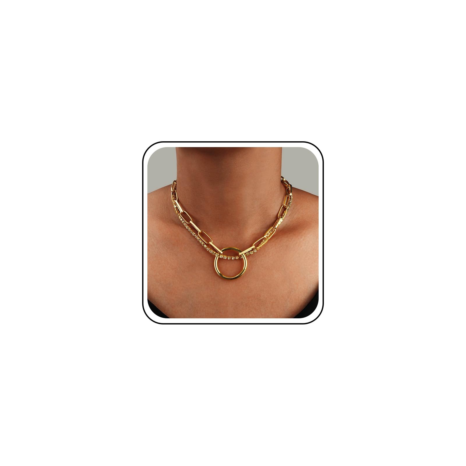 AneneiceeraPunk Crystal Choker Round Necklace Layered Gold Rhinestone Choker Big Circle Pendant Necklace Chunky Paperclip Chain Choker Rock Statement Crystal Necklace Jewelry for Women and Girls