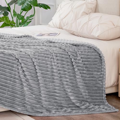 Image of BEDELITE Fleece Blanket Queen Size - 3D Ribbed Jacquard Soft and Warm Decorative Fuzzy Blankets - Cozy, Fluffy, Plush Lightweight Throw Blankets for Couch, Bed, Sofa(Grey, 90x90 inches)