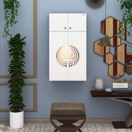 Image of Anikaa OMYA Engineered Wood Home Temple Wall Mount & Floor Standing Wooden Modern Pooja Mandir with LED Light, Om Laser Cut Design | Storage Cabinet with Hinge Doors (White, DIY Installation)