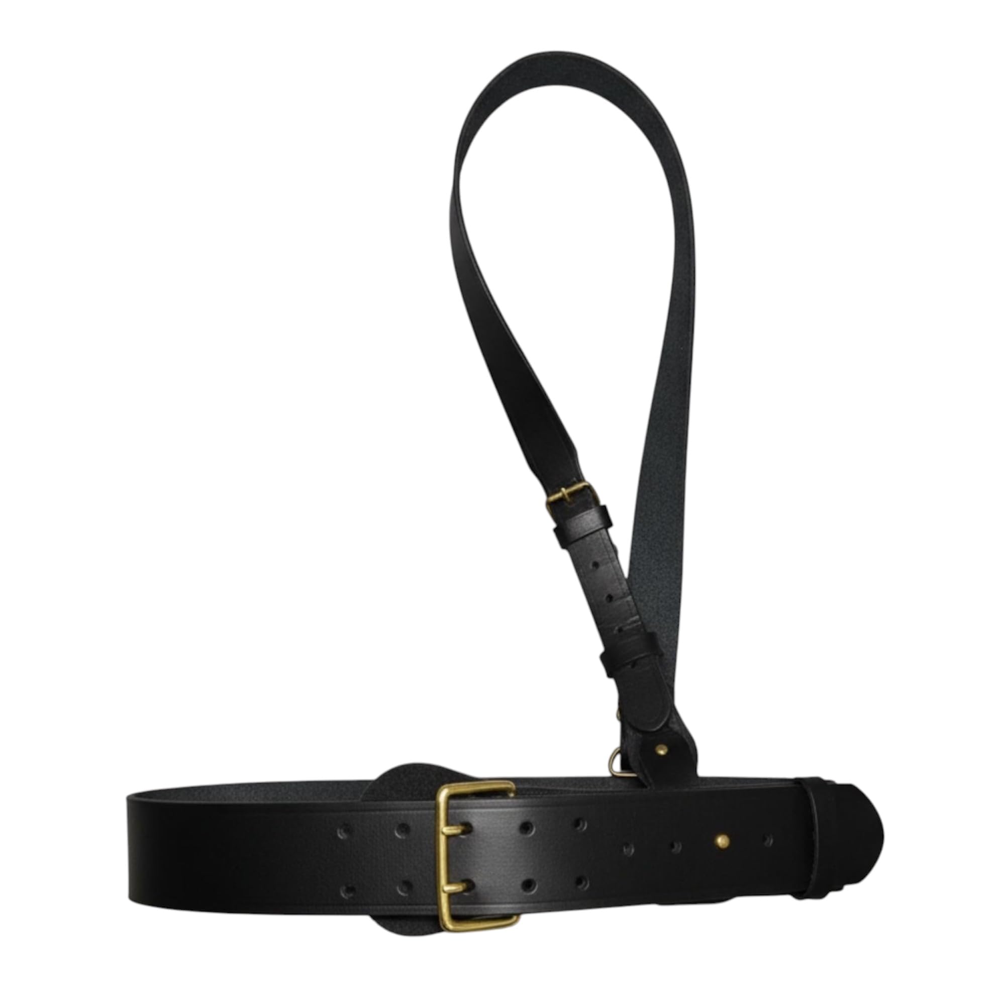 Cinturón de cuero negro Sam Browne con correa para el hombro, cinturón de cuero genuino estilo policía y militar, cinturón ajustable con hebillas de latón dorado macizo para uniformes, ceremonias y