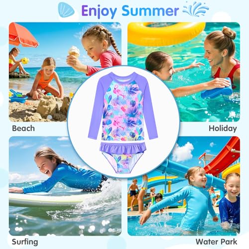Image of Girls Rash Guard Swimsuit Long Sleeve Tankini Sets Two Pieces Bathing Suit Swimwear UPF 50+ Sun Protection