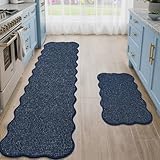 JSEI Scalloped Kitchen Rugs and Mats 2PCS, Kitchen Mats for Floor, Non-Slip Washable Kitchen Runner, Absorbent and Stain Resistant Rugs for Kitchen, Laundry & Sink, 17'x30'+17'x72', Blue