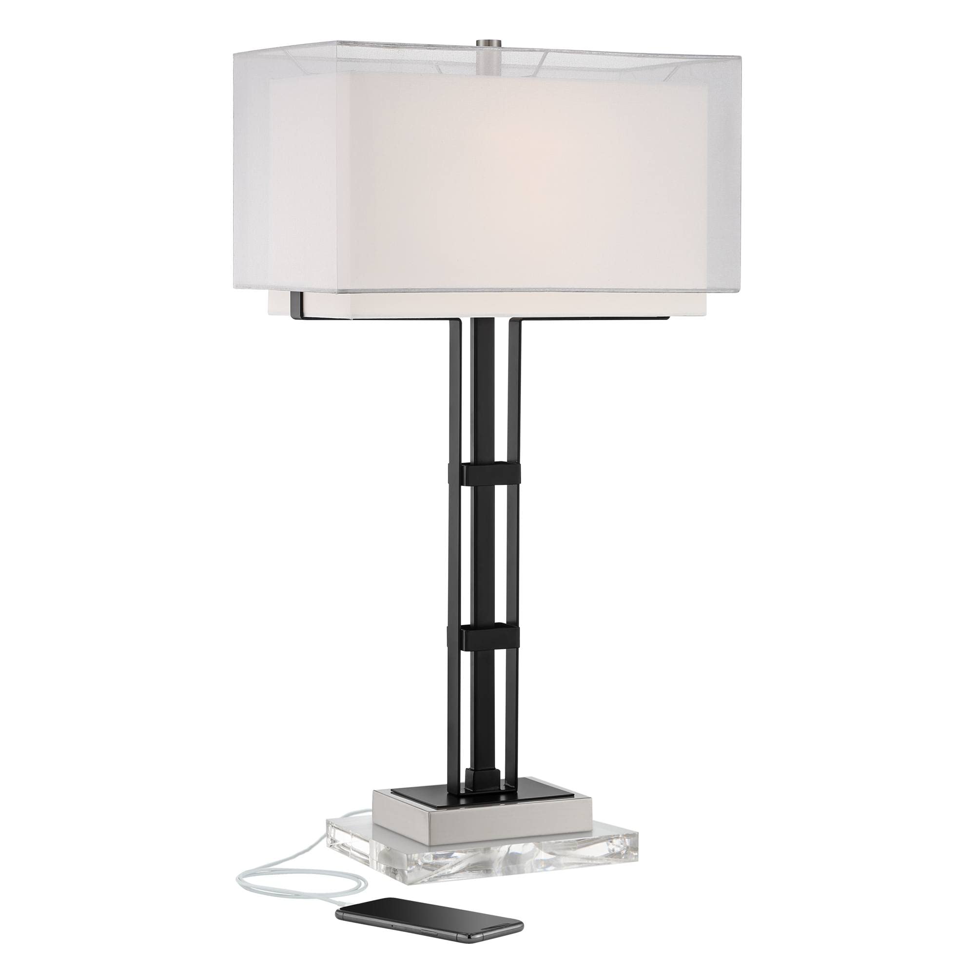 Franklin Iron Works Jacky Modern Industrial Table Lamp with Acrylic Riser USB Charging Port 30" Tall Black Sheer Outer Off-White Inner Shade for Bedroom Living Room Bedside Nightstand Home Office