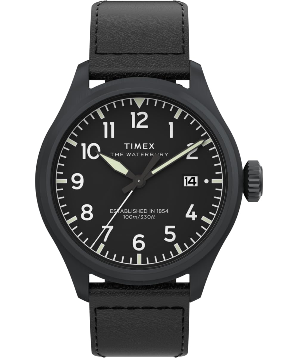 Timex Men's Waterbury Ace 41 mm Quartz Watch - Black Leather Strap with Black Dial and Case TW2Y18900