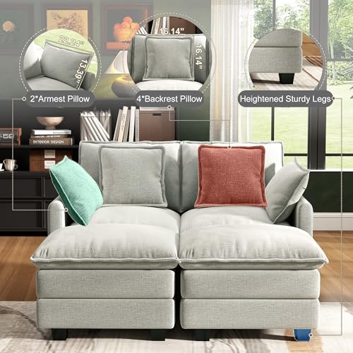 Image of 58 inch Cloud Couch Sectional Modular Sofa, Deep Seat Couches with Ottoman and Removable Washable Pillows for Living Room, Bedroom, Apartment, Light Grey