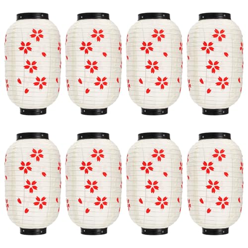 YIMITEE 8 Pack Traditional Japanese Paper Lantern 14 x 8 Beige Cherry Blossom Lanterns Waterproof Outdoor Festival Lantern with Hook Decorative Hanging Lamp for Wedding Party Garden Restaurant