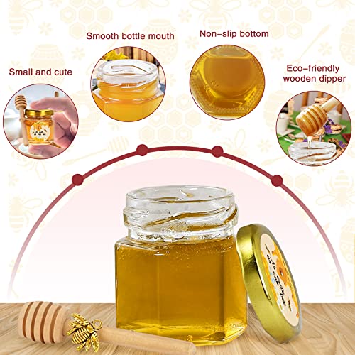 Aliggbent 96 Pcs Honey Jars,Mini Honey Jars Party Favors in Bulk,1.5oz Small Hexagon Glass Honey Jars with Dipper,Stickers,Gold Lid,Charms,Gift Bags and Jute,Suitable for Baby Shower,Wedding(No Honey)