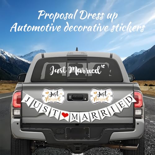 Image of Zpana Just Married Wedding Car Decorations, 2PCS Wedding Day Vehicle Magnets, 1PC Window Decals and Sign Banner, Automotive Tailgate Door Ornate Decer for Honeymoon