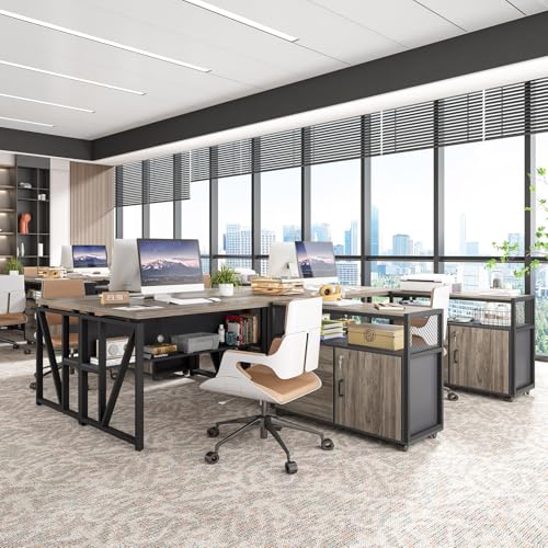 Image of Tribesigns Grey Executive Desk with Cabinet, 55 inch L Shaped Computer Desk and lateral File Cabinet with Locks, 2 Piece Home Office Furniture Set for Hanging