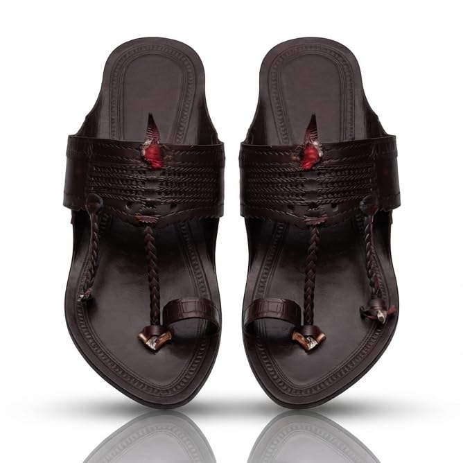 Image of Men's Luxury Handcrafted Genuine Leather Kolhapuri Slippers -B- E43 BROWN