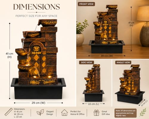 Image of CHRONIKLE Polyresin Designer Table Top Indoor Home Decor 4 Steps Waterfall Fountain with Yellow LED Lights & Water Flow Controller Pump (Size: 40 x 29.5 x 22CM | Weight: 2185grm | Color: Golden Brown)