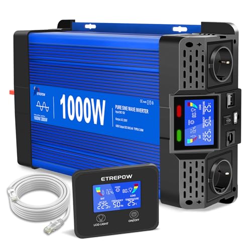 ETREPOW 1000W/2000W 12V Auf 230V Reiner Sinus Wechselrichter mit Fernbedienung 2 EU Steckdosen 2 USB+Tycp-C Anschlüssen geeignet für Haushaltsgeräte Wohnmobile Camping Spannungswandler