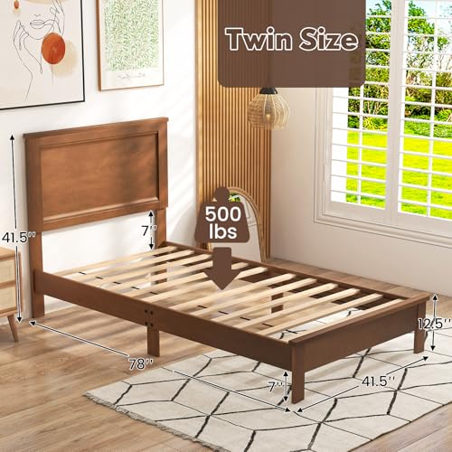 Image of GIANTEX Wood Twin Bed Frames with Headboard, Mid Century Platform Bed Frame with Solid Wood Legs & Wooden Slat Support, Twin Bed Frames for Kids Adults, Walnut Bed