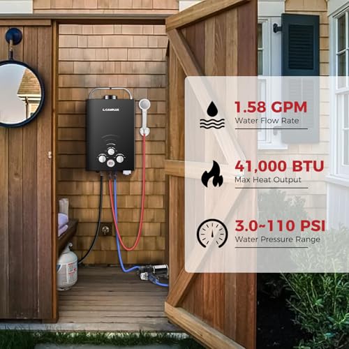 Image of CAMPLUX Portable Water Heater,1.58 GPM Propane Water Heater Outdoor,41,000 BTU Camping Water Heater with 1.6 GPM Water Pump Pack，BW158BP60, Black