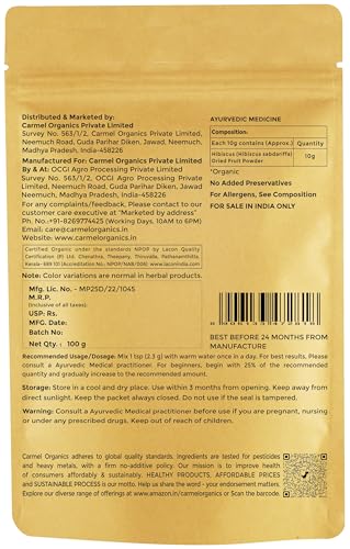 Image of CARMEL ORGANICS Hibiscus Petals Powder (100 Grams) | Hibiscus Sabdariffa | Jaivik Bharat Certified | Sembaruthi Podi | No Added Preservatives & Additives