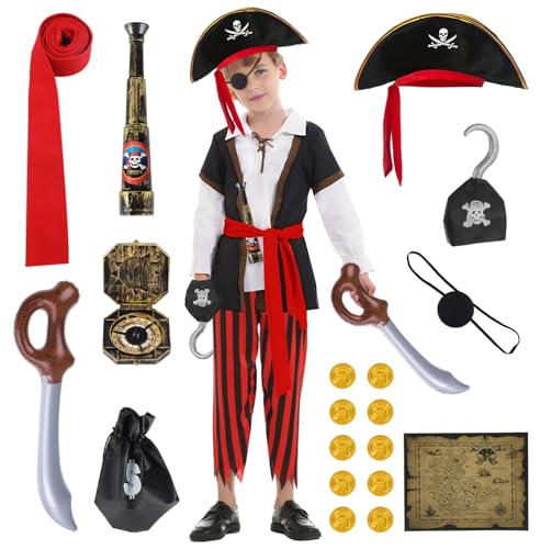 BIQIQI Pirate Costume Carnival Clothing Pirate Fancy Dress up Accessories with Compass Map Telescope and Inflatable Swords Pirate Costumes for Halloween Carnival Birthday Party