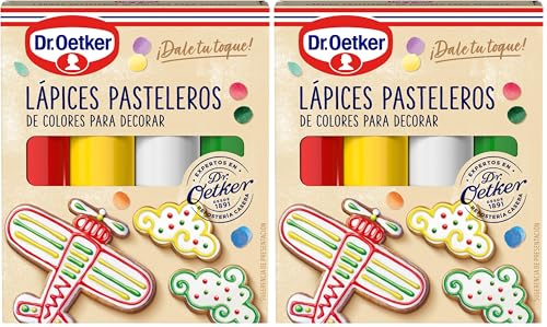 DR. OETKER - 4 Lápices Pasteleros de Colores, para Repostería, Color Amarillo, Rojo, Verde y Blanco, Decorar Tartas, Galletas y Cupcakes, Fácil Aplicación (Paquete de 2)