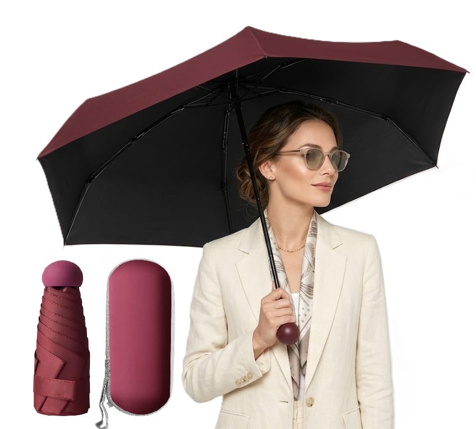 Wine Red UV & Sun Protection Rain Mini Compact Umbrella with Case for Women (Manual Open) Compact Travelling Umbrella, UPF 50+ 6 Frame, Anti-Slip Handle- Use in Rain & Summer-image-20