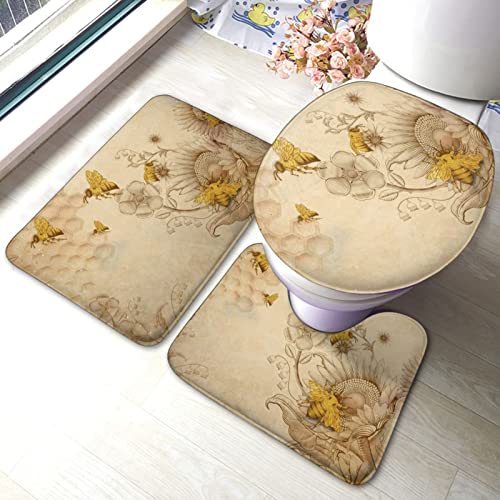 DIRYKILP Badematte + Konturmatte + Toilettendeckelbezug, Honig und Bienen 3 Stück Badematte Set, mit rutschfester Klebeunterseite