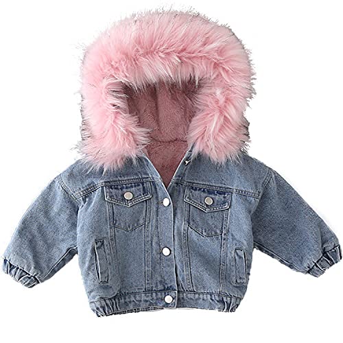 EISHOW Toddler Baby Girls Denim Jacket Faux Fur Collar Hooded Jean Coat Warm Thicken Fleece Lined Plush Jean Outwear Snowsuit