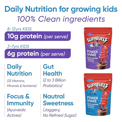 Image of Supafuelz Power Shake 3-7 yrs + 8-12 yrs kids(2 x 400g) | Combo Pack | Height & Strength Drink | High Protein, 33 Nutrients, Probiotics & Ayurvedic Actives | Daily Nutrition Drink supports Height, Strength & Focus | Chocolate 800g | Safe Nutrition Drink For Kids