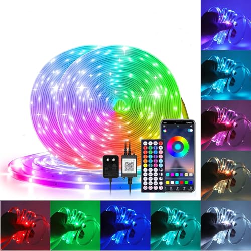 24V 3535 RGB Ruban LED, IP67 Etanche LED bande Colle double face Multicolore Strip Light Dimmable avec Contrôleur de musique Bluetooth IR à 44 touches pour Extérieur/Intérieur Décor.15M.