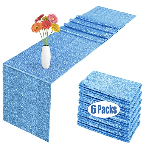 Ogori MHG561 6 Pack Sequin Table Runner Baby Blue, 12 X 108 Inch Glitter Baby Blue Table Runner For Rectangle Table For Birthday, Wedding, Banquet, Holiday Party Decorations & Baby Shower cover