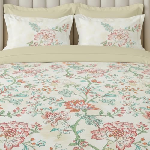 Image of LANE LINEN 100% Cotton Printed King Size Bedsheet - Red Green | OEKO-Tex Certified, 250TC, Fits King & Double Bed, Floral Print, Breathable & Wrinkle-Free, Includes 2 Pillow Covers