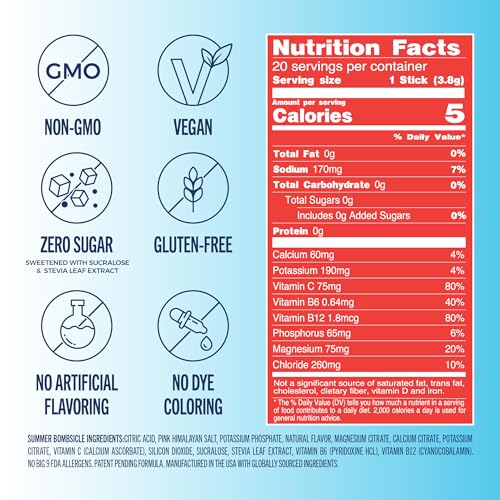 Image of TREVI Electrolytes Powder Packets, Sugar Free Hydration, Summer Bombsicle | 20 Pack Essential Daily Drink Mix, 0 Sugar, Magnesium, Potassium, Vitamin C, Calcium, B6 & B12 Vitamins