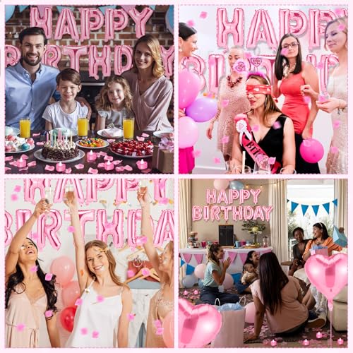 Image of Pink Happy Birthday Balloons Decorations Happy Birthday Letter Balloons Banner Set with 24pcs Heart Flameless LED Candles and 2000pcs Artificial Rose Petals for Women Men Room Party Decor