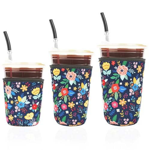 Image of Reusable 3-Pack Iced Coffee Cup Sleeve, Insulated Neoprene, Beverage Holder for Iced Coffee, Durable Drink Sleeve for Cold Beverages, Lunar Garden