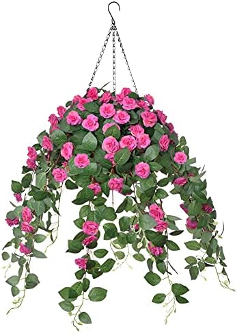 INXUGAO Artificial Flower in Hanging Basket for Outdoor/Indoor, Fake Silk Flower with 12 inch Coconut Lining Hanging Basket Artificial Roses Vine Flower for Courtyard Lawn Garden Decor (Pink)