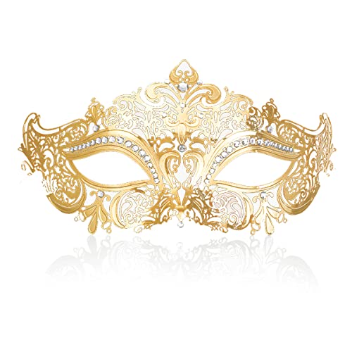 Cosmer Masquerade Mask for Women Shiny Laser Cut Metal Rhinestone Mask Party Porm Ball Mask (Gold Owl)