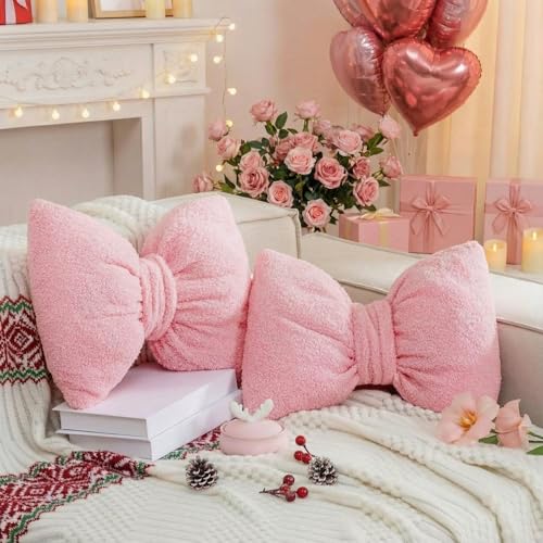 Beeveer 2 Pcs Pink Bow Pillows Decorative 15.35 x 11.4 Fluffy Cute Bow Throw Pillows Aesthetic Girly Preppy Decor for Couch Bed Bedroom Coquette Room Decor