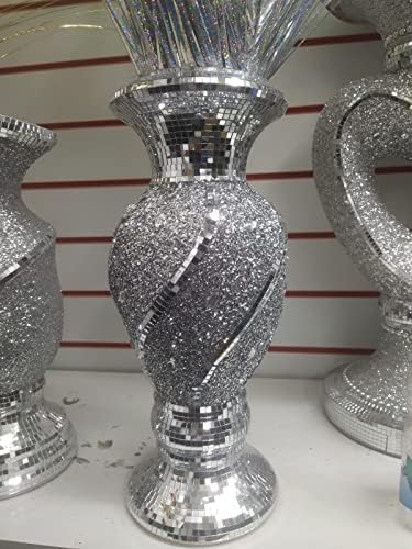 Biznest 40cm Large Crushed Diamond Ceramic Silver Vase sculpture flower pot sparkle Ornament Bling Vase Handmade Vase Biz 008