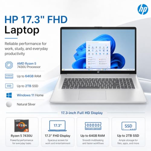 Image of HP New Released 17.3 inch FHD Business Laptop(2026 /2027Edition), Powerful AMD Ryzen 5 7430U(Beats Core i7-1335U), Wi-Fi 6, Bluetooth 5, Ultra Quiet Design, Long Battery Life, Windows 11 with MS365 for Web