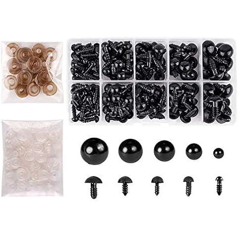 Safety Eyes with Washers,142pcs Plastic Eyes for Doll Making,Black Eyes Multiple Sizes 6mm/8mm/9mm/10mm/12mm for Knitted Doll, Plush Toy and Teddy Bear Crafts Cover