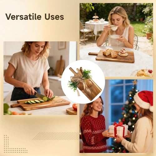 Juego de tabla de cortar de madera, tabla de picar y servir de madera maciza con cuchara y tenedor para ensalada, bandeja decorativa para cocina ideal como regalo para mudanza, boda o nuevo hogar miniatura 5
