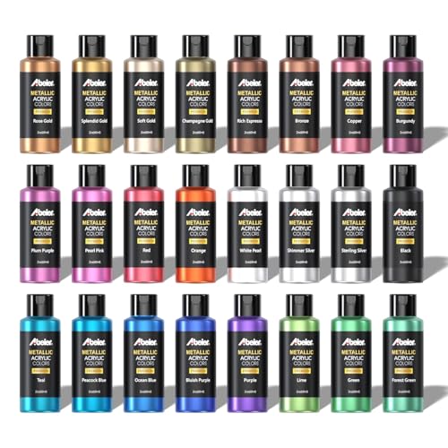 ABEIER Acrylfarben Metallic, 24 x 60ml Metallic-Farben in Flaschen, Reichhaltige Pigmente, schnell-trocknend, Nicht verblassend, ungiftige, für Künstler, Anfänger Malen auf Mehreren Oberflächen