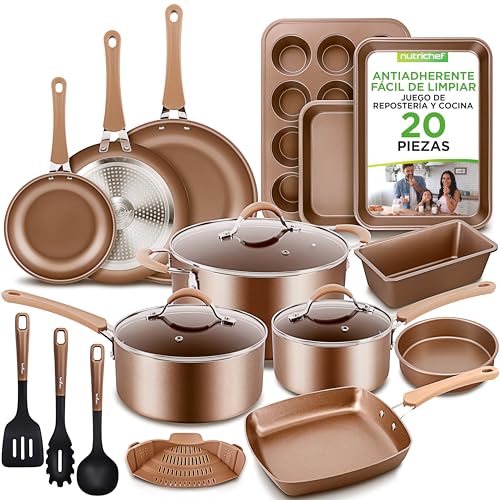NutriChef Set bateria Cocina 20 Piezas, Profesional, Induccion, Utensilios, Baking Set, Juego ollas, Sartenes, Antiadherentes, Seguros para Cocina a Gas, Electrica, Facil Limpieza
