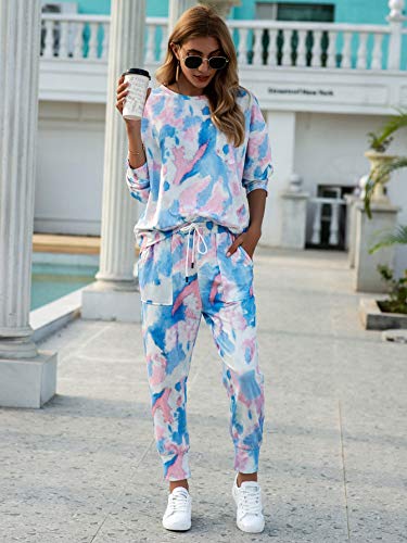 Soly Hux Women's 2 Piece Outfit Tie Dye Long Sleeve Crew Neck Sweatshirt Pullover Tops And Sweatpants With Pockets Pink Blue Multi S #TOP3