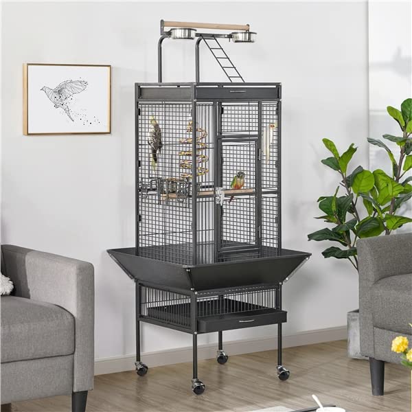 Abician Cage à Oiseaux sur Pied Voliere Oiseaux Interieur Cage pour Perruches à roulettes Grand Cage Oiseaux en Métal 66,5 x 65,6 x 156,5 cm Noir
