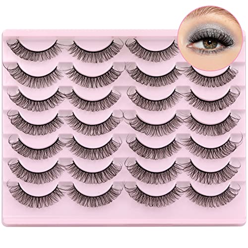 Newcally Russian Strip Lashes Mink Wispy Natural False Eyelashes Pack D Curl Fluffy Volume Faux Mink Lashes Cat Eye Lashes Look Like Lashes Extension 14 Pairs