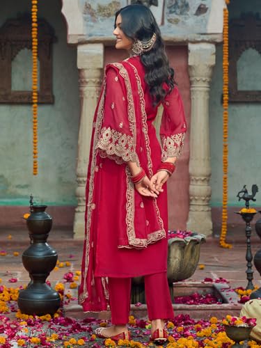 Image of INDO ERA Women's Organza Embroidered Straight Kurta and Pant with Dupatta Set (IEOUT10610)