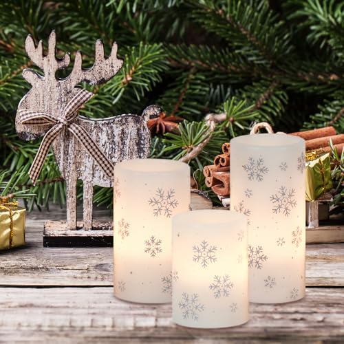 Image of GenSwin Christmas Flameless Candles with Timer, LED Flickering Candles Real Wax with Silver Snowflake Decals, 3 Pack Pillar Candle for Winter Indoor Fireplace Christmas Decor(D3 inch x H4 inch5 inch6 inch)