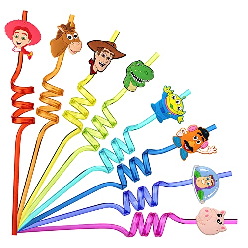 24Pcs Toy Inspired Story Birthday Party Supplies Reusable Drinking Straws 8 Designs Toy Themed Story Party Favors with 2 Cleaning Brushes